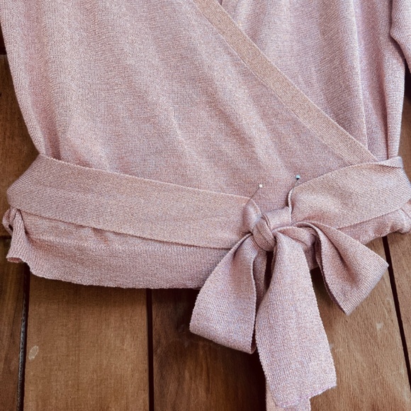 MNG  Wrap Long Waist Tie 3/4 Sleeve Light Pink  Metallic Jersey Top Blouse XS - Picture 4 of 12